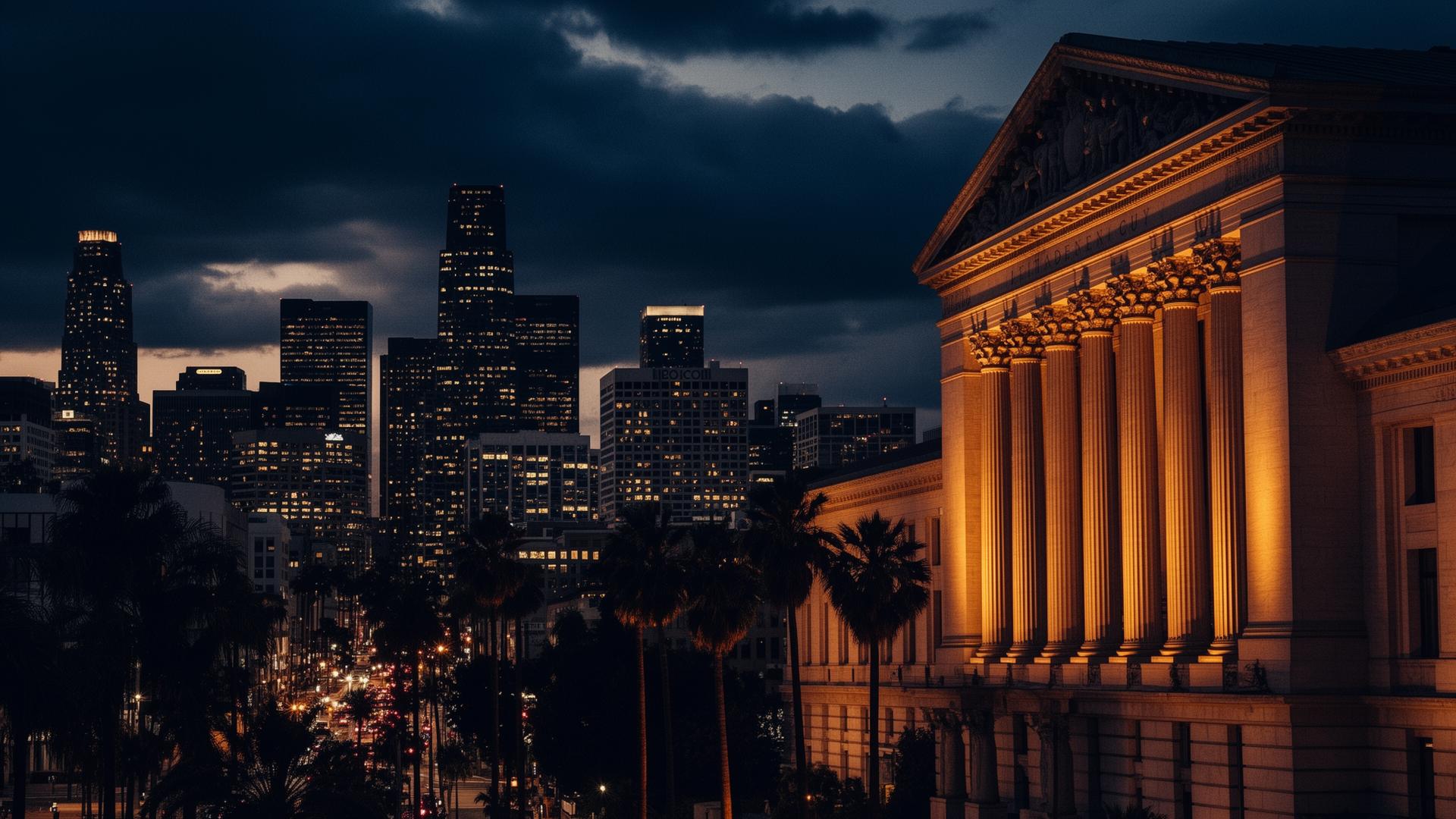 Los Angeles skyline at night with illuminated classical courthouse